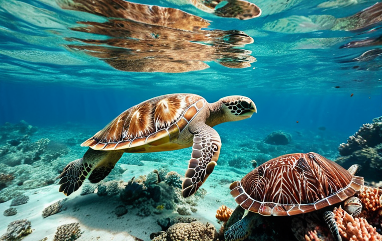**

"Kenyan coastline recovering: Sea turtles swimming in clear water, free of plastic waste, vibrant coral reefs visible. Symbolizes positive environmental impact."

**