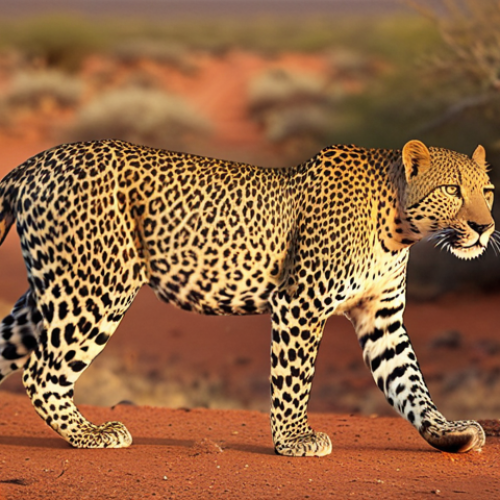 **

A majestic leopard prowls through the Samburu National Reserve at dusk. The golden hour light illuminates its spotted coat as it blends seamlessly with the arid landscape. Focus on capturing the leopard's powerful physique and intense gaze.  Telephoto lens, shallow depth of field.

**