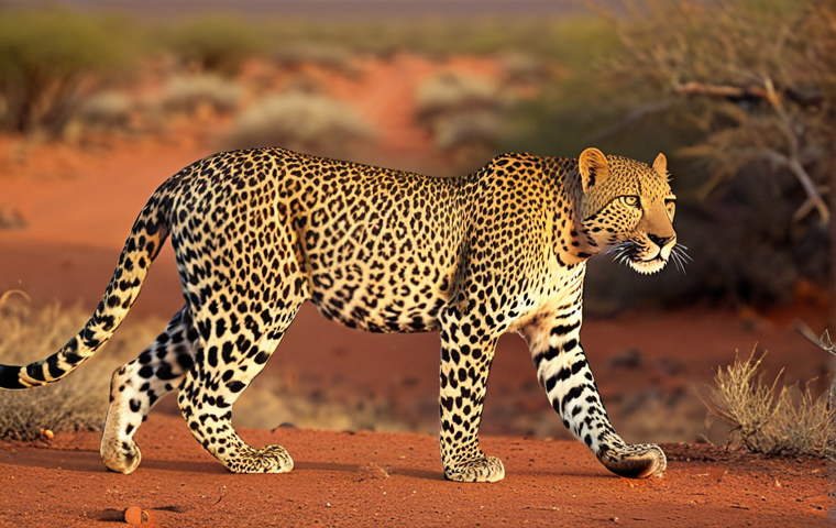 **

A majestic leopard prowls through the Samburu National Reserve at dusk. The golden hour light illuminates its spotted coat as it blends seamlessly with the arid landscape. Focus on capturing the leopard's powerful physique and intense gaze.  Telephoto lens, shallow depth of field.

**