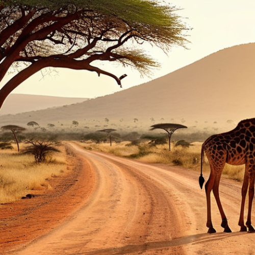 A solitary cyclist on a rugged dirt road winding through the vast Kenyan savanna, bathed in the golden light of dawn or dusk. Majestic giraffes and curious antelopes are seen nearby, grazing peacefully. The scene emphasizes wild freedom, immense natural beauty, and an intimate connection with primeval nature. Rolling hills, acacia trees, dust in the air. Highly detailed, cinematic, warm colors.