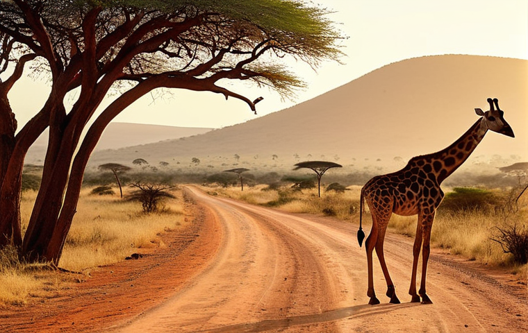 A solitary cyclist on a rugged dirt road winding through the vast Kenyan savanna, bathed in the golden light of dawn or dusk. Majestic giraffes and curious antelopes are seen nearby, grazing peacefully. The scene emphasizes wild freedom, immense natural beauty, and an intimate connection with primeval nature. Rolling hills, acacia trees, dust in the air. Highly detailed, cinematic, warm colors.