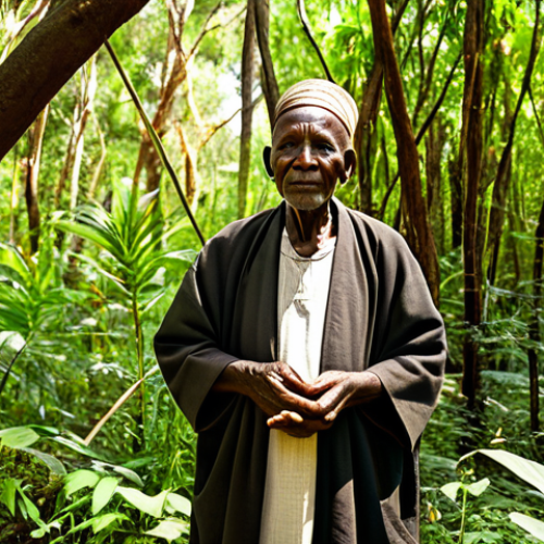 A wise, elderly Kenyan traditional healer in modest, earth-toned traditional clothing, fully clothed, stands respectfully amidst a lush, vibrant Kenyan forest. Sunlight filters through the canopy, highlighting diverse medicinal plants and trees. The healer gently touches a plant with one hand, demonstrating deep knowledge and reverence for nature, in a natural pose. This image conveys a serene, wise connection to the natural environment. Professional photography, high detail, realistic, perfect anatomy, correct proportions, well-formed hands, proper finger count, natural body proportions, appropriate content, safe for work, modest, family-friendly.