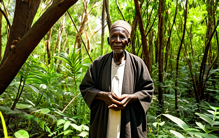 A wise, elderly Kenyan traditional healer in modest, earth-toned traditional clothing, fully clothed, stands respectfully amidst a lush, vibrant Kenyan forest. Sunlight filters through the canopy, highlighting diverse medicinal plants and trees. The healer gently touches a plant with one hand, demonstrating deep knowledge and reverence for nature, in a natural pose. This image conveys a serene, wise connection to the natural environment. Professional photography, high detail, realistic, perfect anatomy, correct proportions, well-formed hands, proper finger count, natural body proportions, appropriate content, safe for work, modest, family-friendly.