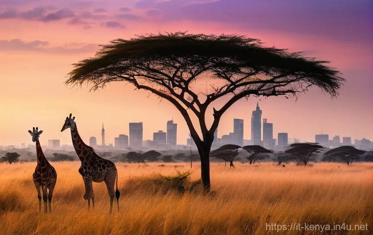 케냐의 가장 큰 도시 - **Prompt 1: Dawn Safari in Nairobi National Park with City Backdrop**
    "A majestic, wide-angle sh...