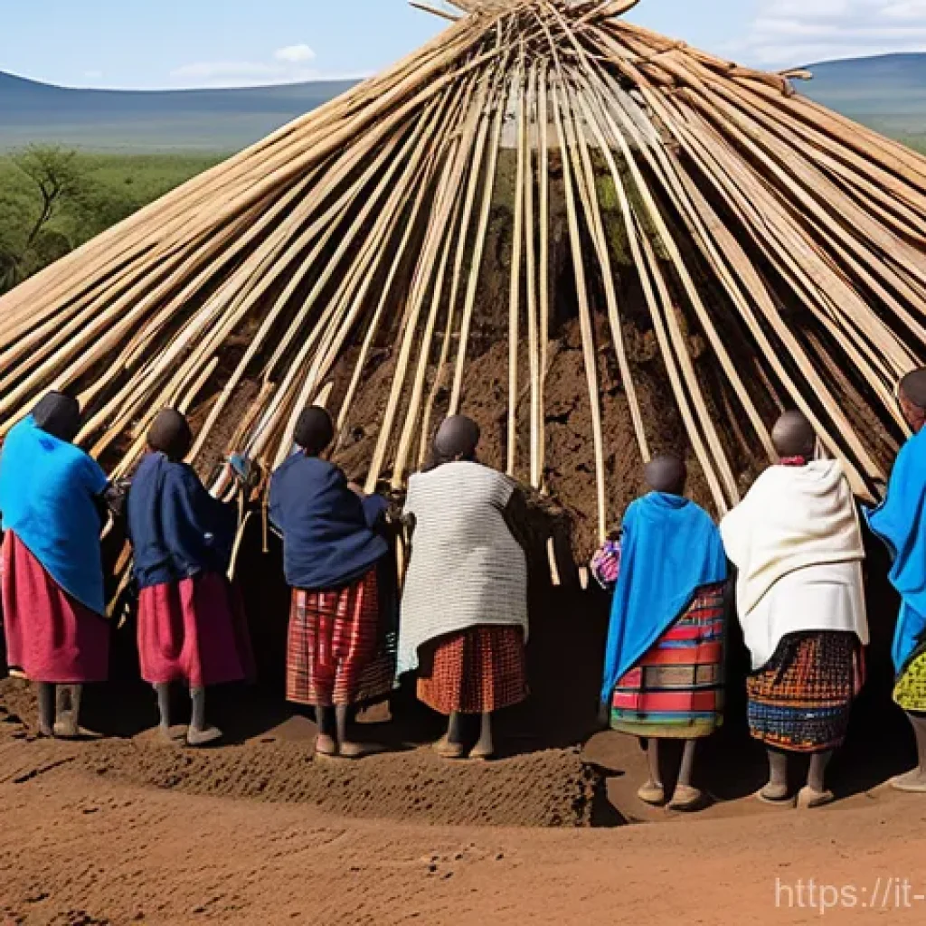 케냐의 전통 건축 양식 - "A group of Maasai women, wearing vibrant and modest traditional shukas, are cooperatively construct...
