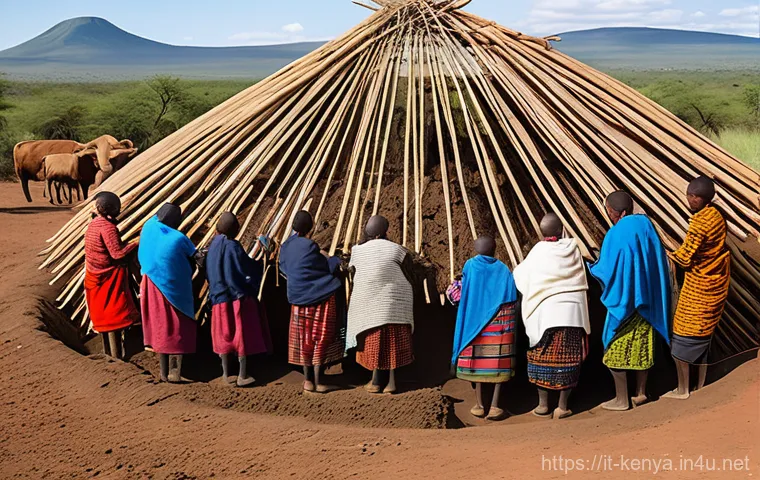 케냐의 전통 건축 양식 - "A group of Maasai women, wearing vibrant and modest traditional shukas, are cooperatively construct...