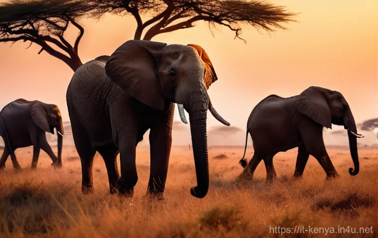 케냐에서 사파리 사진 찍는 법 - **Prompt:** A majestic elephant herd walking across the vast African savanna at sunrise. The sky is ...