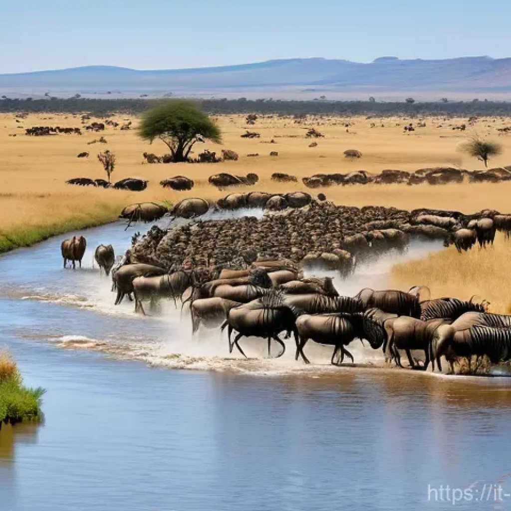 와일드비스트 대이동 관찰법 - The Mara River Crossing at Peak Migration**
"A dramatic, wide-angle shot capturing thousands of wil...
