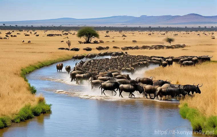 와일드비스트 대이동 관찰법 - The Mara River Crossing at Peak Migration**

"A dramatic, wide-angle shot capturing thousands of wil...