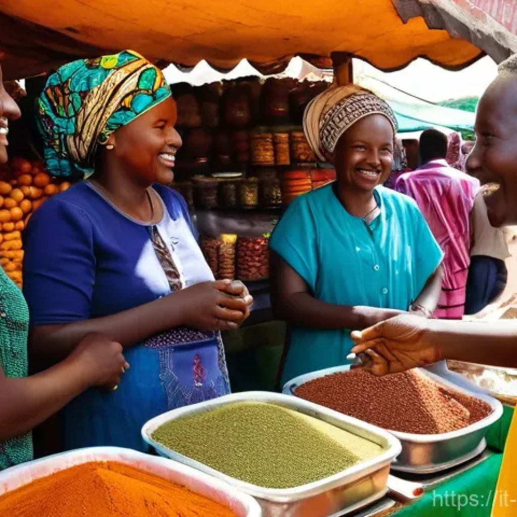 케냐의 관광 수익 - **Vibrant Kenyan Market Life:** A bustling, vibrant street market scene in Mombasa, Kenya, teeming w...