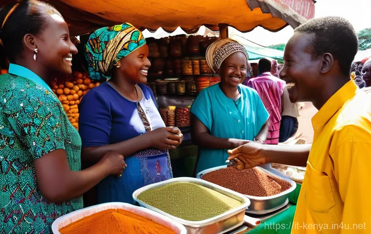케냐의 관광 수익 - **Vibrant Kenyan Market Life:** A bustling, vibrant street market scene in Mombasa, Kenya, teeming w...