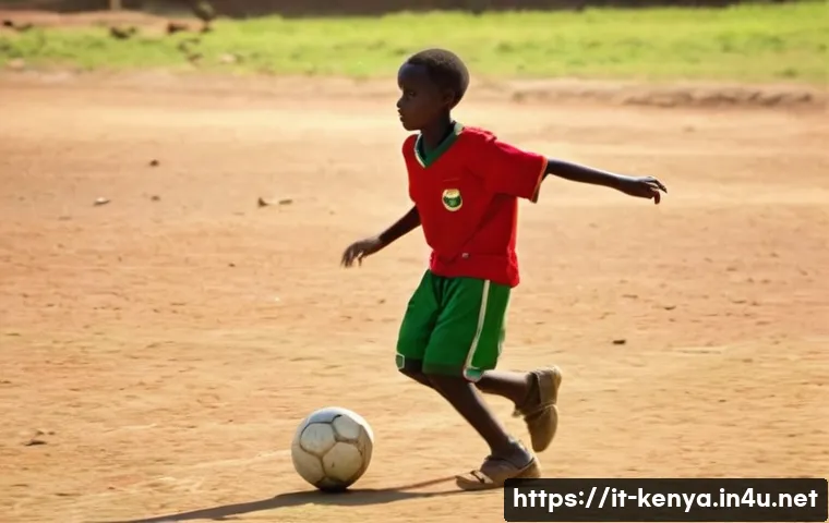 케냐 축구 국가대표팀 - **Prompt 1: Rising Star on a Dusty Pitch**
    A dynamic, medium shot of a young Kenyan male footbal...