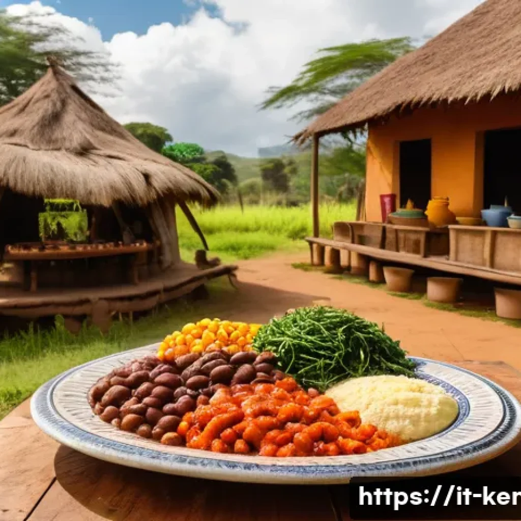 케냐 전통 음식 - A vibrant traditional Kenyan meal spread on a large communal wooden table outdoors, featuring a stea...