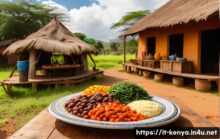 케냐 전통 음식 - A vibrant traditional Kenyan meal spread on a large communal wooden table outdoors, featuring a stea...