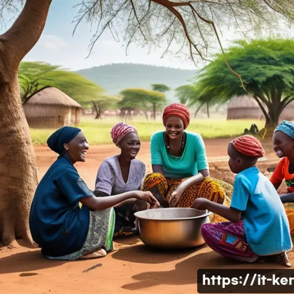 케냐에서 자원봉사 경험 - A vibrant scene of a community volunteer and local Kenyan villagers preparing traditional food toget...