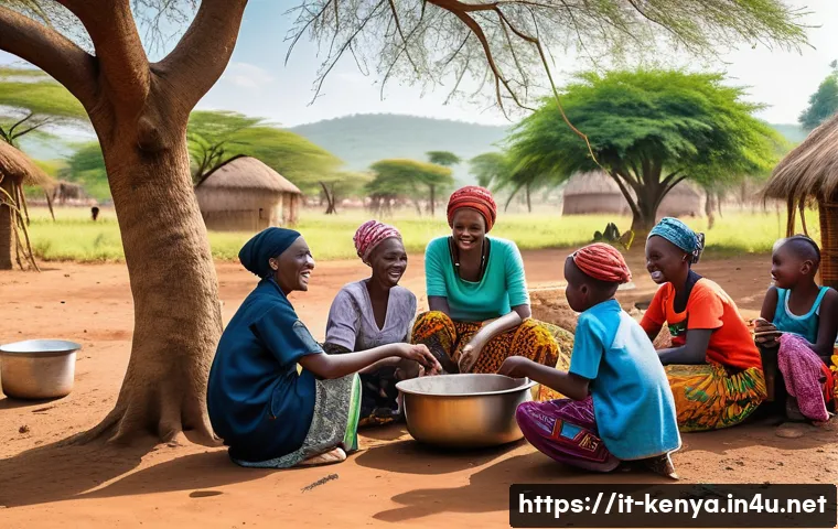 케냐에서 자원봉사 경험 - A vibrant scene of a community volunteer and local Kenyan villagers preparing traditional food toget...
