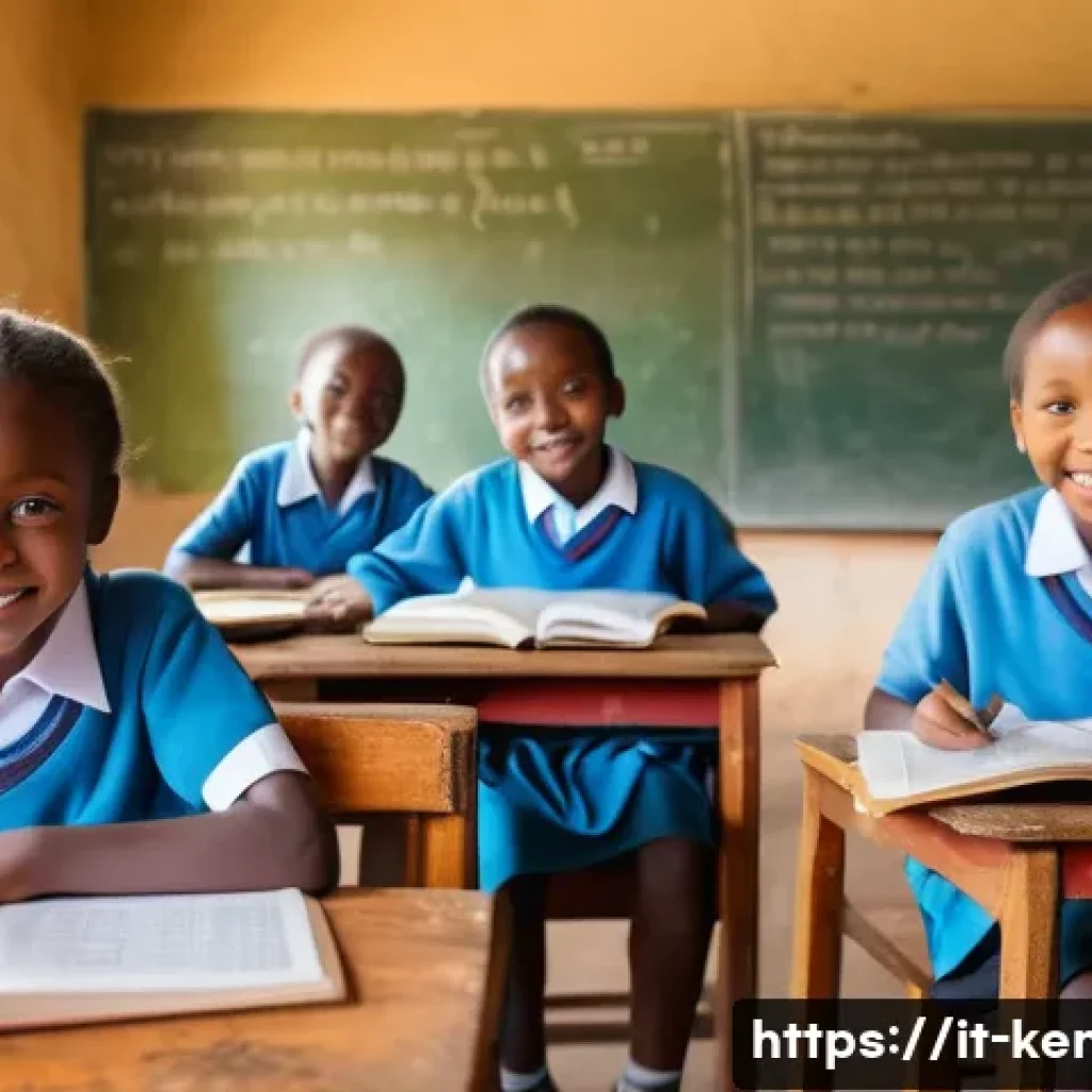 케냐의 학교 시스템 - A vibrant rural Kenyan primary school classroom scene showing a diverse group of children aged 7-11 ...