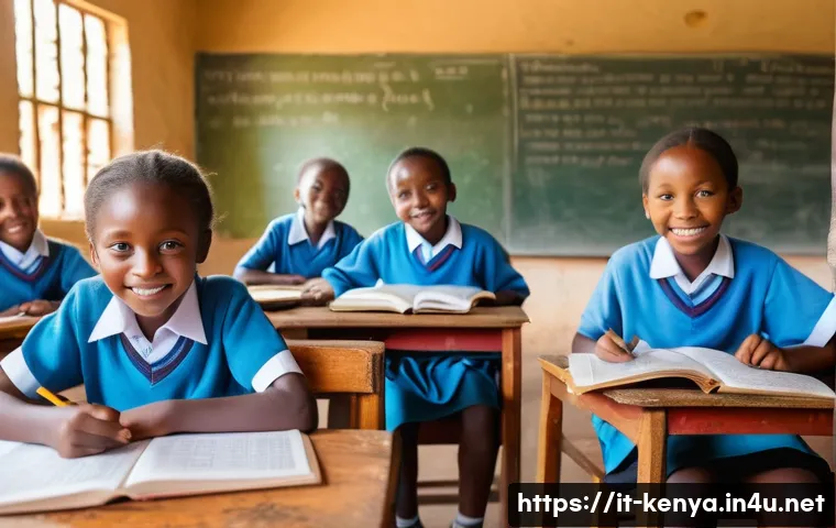 케냐의 학교 시스템 - A vibrant rural Kenyan primary school classroom scene showing a diverse group of children aged 7-11 ...