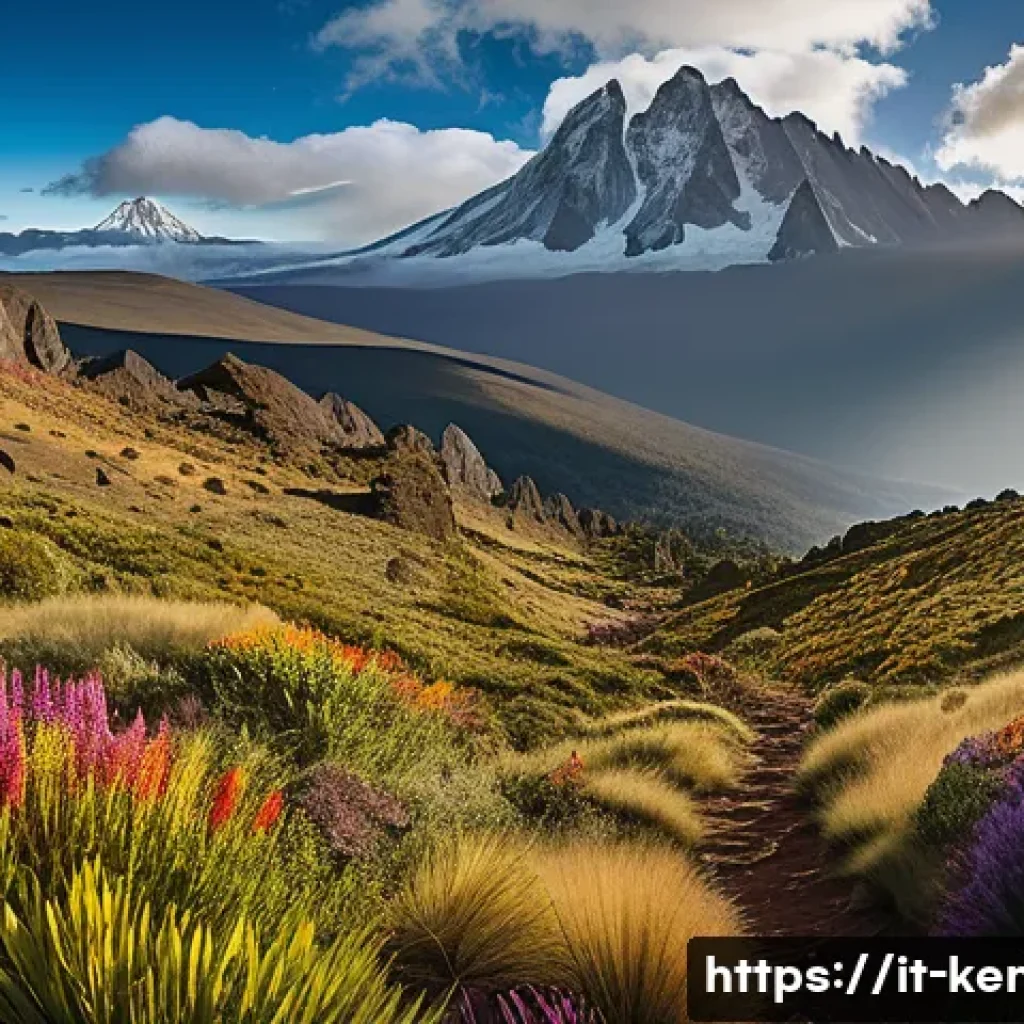 케냐에서 등산하기 좋은 산 - A breathtaking panoramic view of Mount Kenya&rsquo;s alpine landscape during early morning light, showcasi...