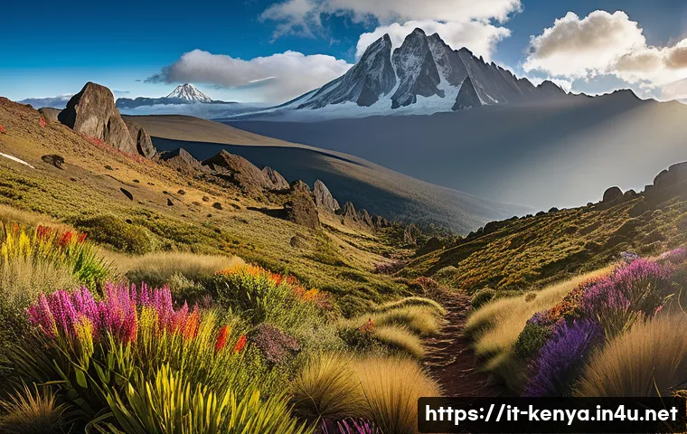 케냐에서 등산하기 좋은 산 - A breathtaking panoramic view of Mount Kenya’s alpine landscape during early morning light, showcasi...