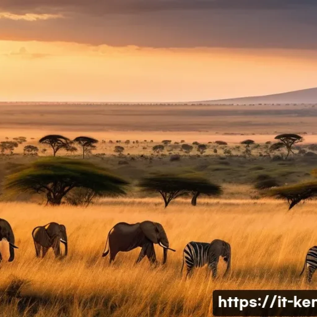 케냐와 탄자니아 비교 - A breathtaking panoramic view of the Maasai Mara plains at sunrise, showcasing a vibrant savannah la...