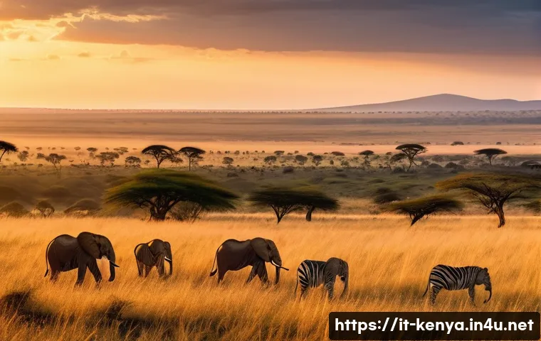 케냐와 탄자니아 비교 - A breathtaking panoramic view of the Maasai Mara plains at sunrise, showcasing a vibrant savannah la...