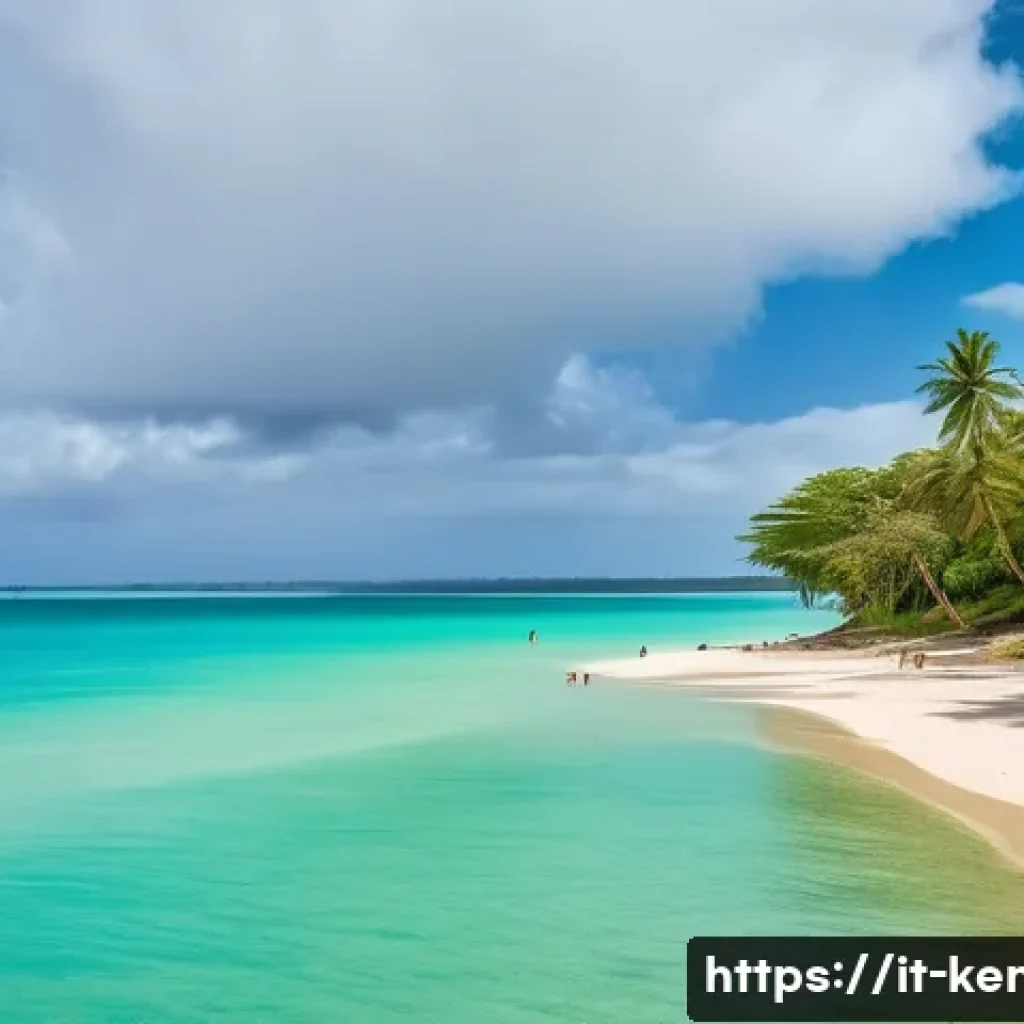 케냐의 기후와 날씨 - A vibrant coastal scene in Kenya featuring a tropical beach near Mombasa with bright turquoise water...