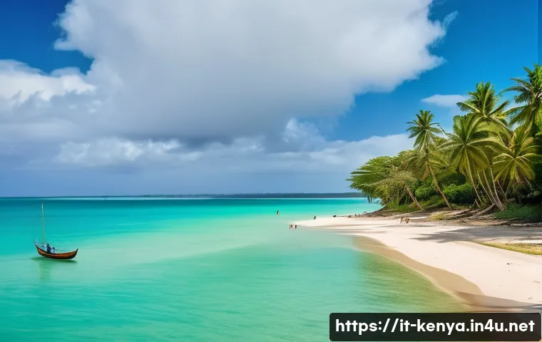 케냐의 기후와 날씨 - A vibrant coastal scene in Kenya featuring a tropical beach near Mombasa with bright turquoise water...
