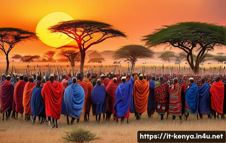 케냐 인구 통계 - A vibrant scene depicting a Maasai community celebration in the Kenyan savannah during sunset, showc...