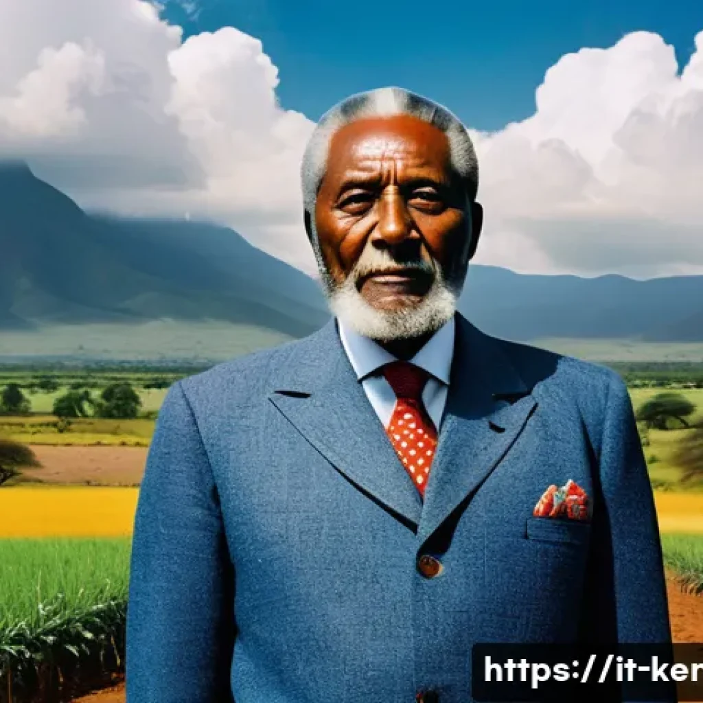 케냐의 대통령 역사 - A dignified portrait of Jomo Kenyatta in traditional Kenyan attire, standing confidently in front of...