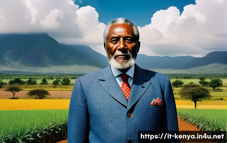 케냐의 대통령 역사 - A dignified portrait of Jomo Kenyatta in traditional Kenyan attire, standing confidently in front of...