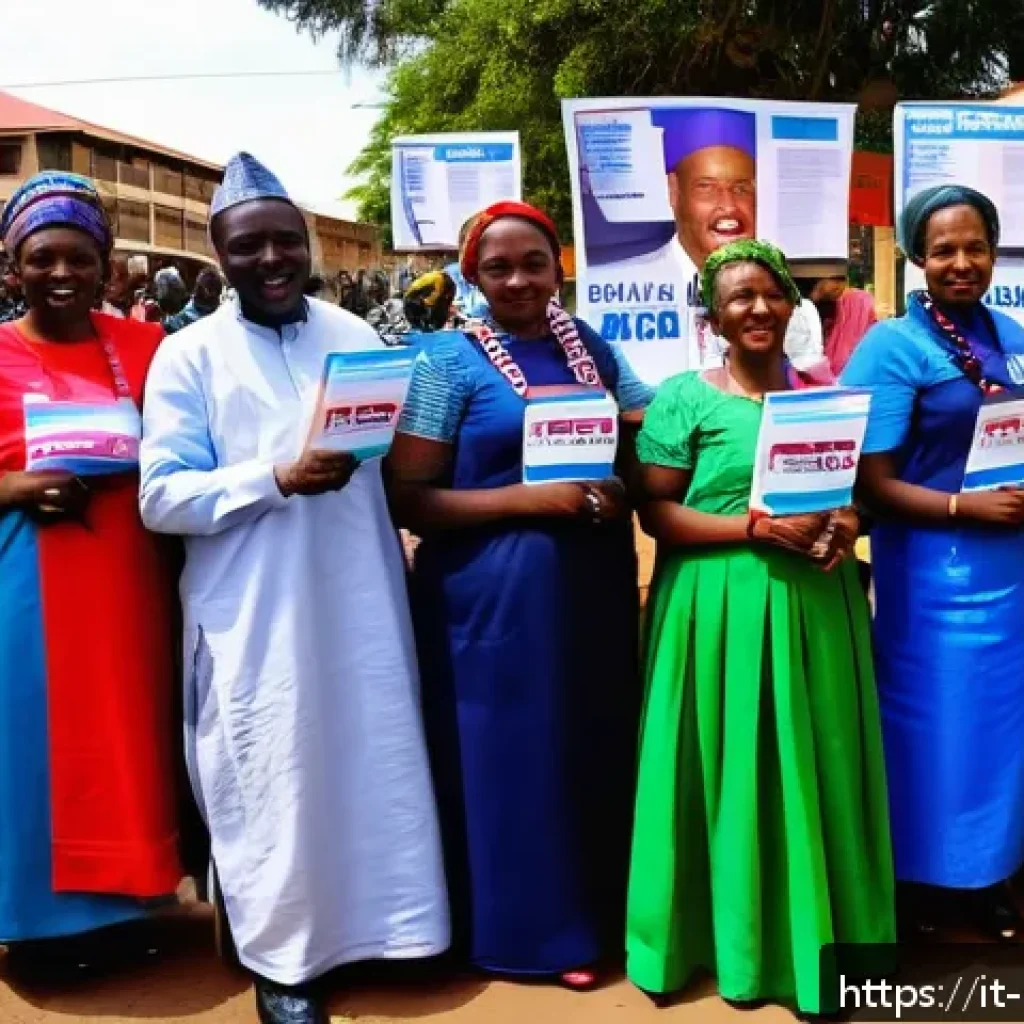 케냐의 민주주의 발전 - A vibrant street scene in Nairobi during election day, featuring diverse Kenyan voters of all ages, ...