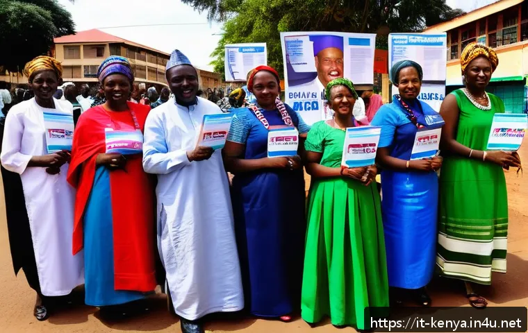 케냐의 민주주의 발전 - A vibrant street scene in Nairobi during election day, featuring diverse Kenyan voters of all ages, ...