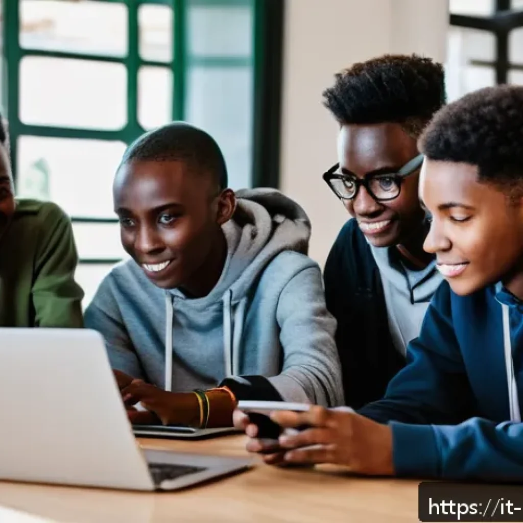 케냐 청소년 프로그램 - A vibrant scene of young Kenyan entrepreneurs participating in a modern workshop focused on digital ...