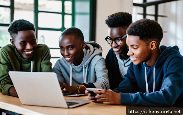 케냐 청소년 프로그램 - A vibrant scene of young Kenyan entrepreneurs participating in a modern workshop focused on digital ...