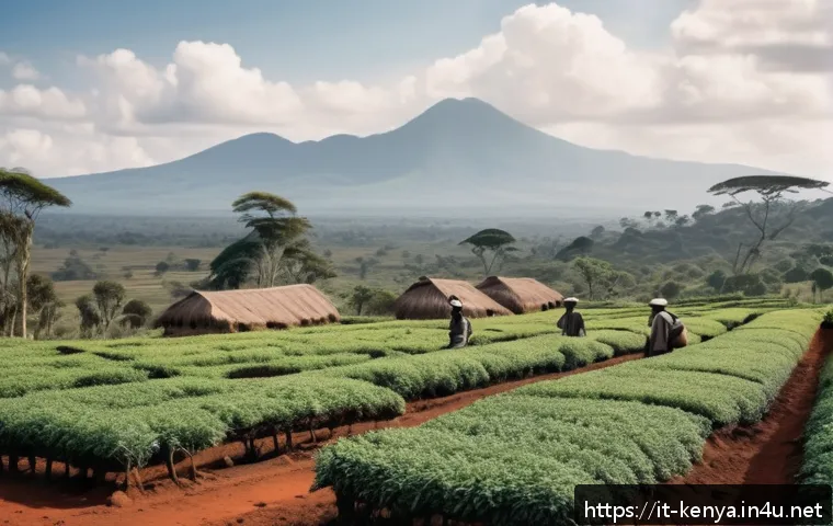 케냐 영국 식민 관계 - A detailed historical scene depicting colonial-era Kenya&rsquo;s agricultural exploitation: vast tea and c...