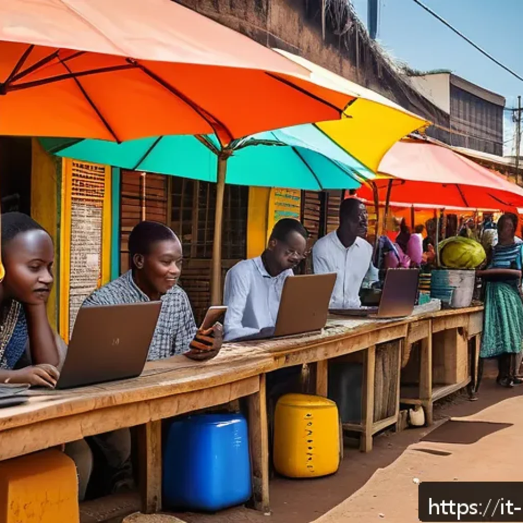 케냐의 소셜 미디어 트렌드 - A vibrant urban scene in Nairobi featuring young Kenyan entrepreneurs using smartphones and laptops ...