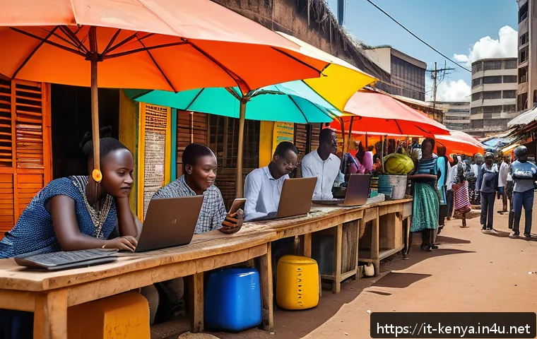 케냐의 소셜 미디어 트렌드 - A vibrant urban scene in Nairobi featuring young Kenyan entrepreneurs using smartphones and laptops ...