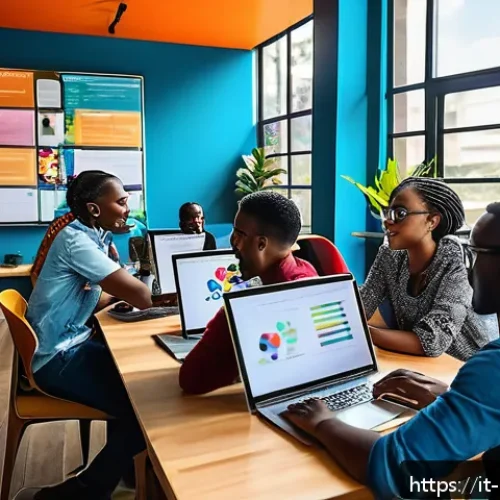 Home 33 케냐의 IT 산업 성장 - A bustling Nairobi tech hub interior, featuring diverse young African entrepreneurs collaborating ar...