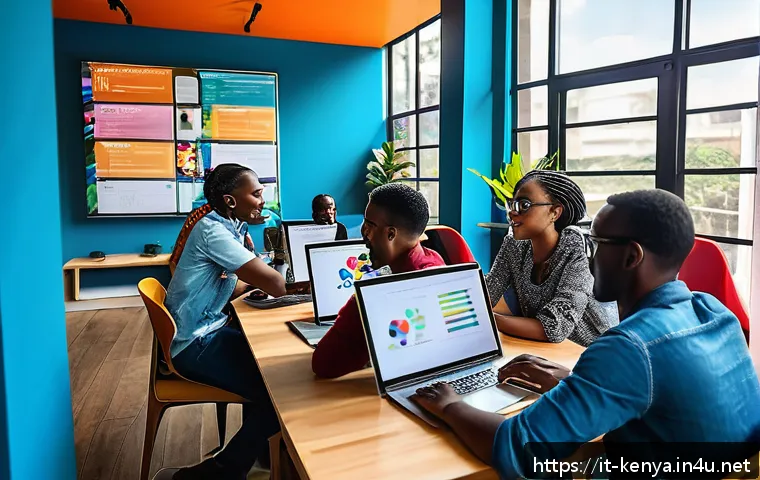 케냐의 IT 산업 성장 - A bustling Nairobi tech hub interior, featuring diverse young African entrepreneurs collaborating ar...