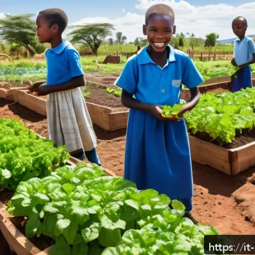 Home 32 케냐의 NGO 활동 - A vibrant rural community garden in Kenya featuring children and teenagers actively engaged in susta...