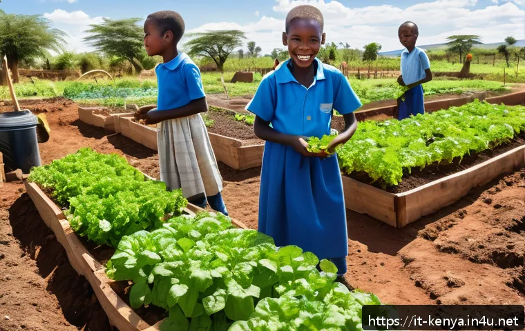 케냐의 NGO 활동 - A vibrant rural community garden in Kenya featuring children and teenagers actively engaged in susta...