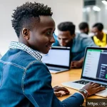 Home 19 케냐 경제 개요 - A vibrant scene inside a modern Nairobi tech incubator hub, showing diverse young Kenyan entrepreneu...