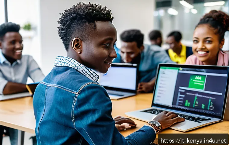 케냐 경제 개요 - A vibrant scene inside a modern Nairobi tech incubator hub, showing diverse young Kenyan entrepreneu...