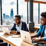 Home 23 케냐의 비즈니스 기회 - A vibrant urban scene in Nairobi’s tech hub, featuring a diverse group of young African entrepreneur...