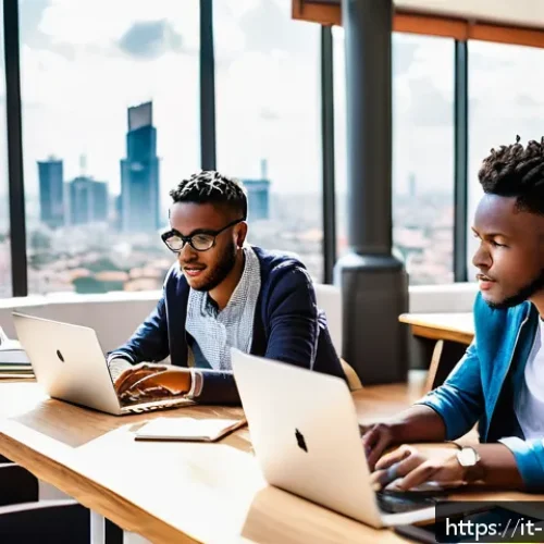 Home 17 케냐의 비즈니스 기회 - A vibrant urban scene in Nairobi’s tech hub, featuring a diverse group of young African entrepreneur...