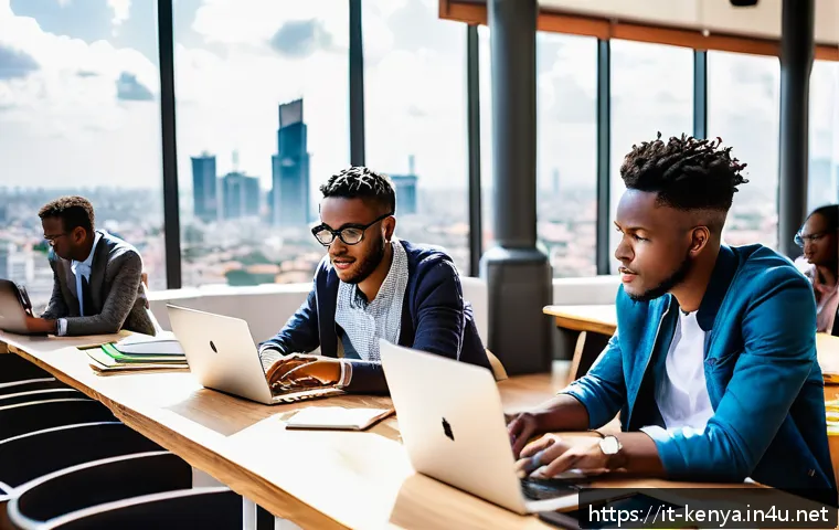 케냐의 비즈니스 기회 - A vibrant urban scene in Nairobi&rsquo;s tech hub, featuring a diverse group of young African entrepreneur...