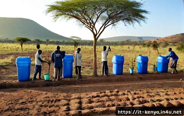 케냐의 환경 보호 활동 - Photorealistic wide-angle scene of Kenyan community conservation volunteers restoring a dry savanna ...
